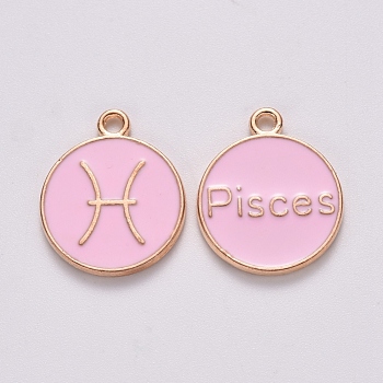 Alloy Enamel Pendants, Cadmium Free & Lead Free, Flat Round with Constellation, Light Gold, Pink, Pisces, 15x12x2mm, Hole: 1.5mm