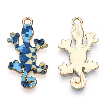 Alloy Enamel Pendants, Light Gold, Gecko Charm, Marine Blue, 27x14.5x1.5mm, Hole: 1.6mm