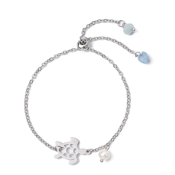 Adjustable 304 Stainless Steel Hollow Turtle Slider Bracelet, with Natural Aquamarine Chips Charms, Stainless Steel Color, Inner Diameter: 2-5/8 inch(6.8cm)