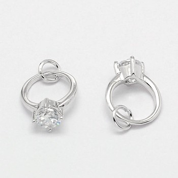 Ring Brass Micro Pave Cubic Zirconia Charms, Real Platinum Plated, 11x9x5mm, Hole: 3mm