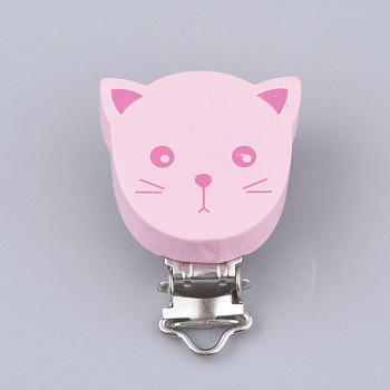 Maple Wood Kitten Baby Pacifier Holder Clips, Dyed, with Iron Clips, Cartoon Cat Head, Platinum, Pink, 46.5x34.5x17.5mm, Hole: 3.5x6mm