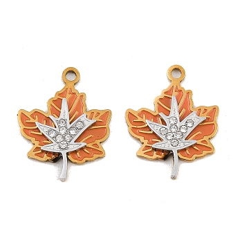304 Stainless Steel Enamel Pendants, Maple Leaf Charms, with Rhinestone, Ion Plating(IP), Golden, 18x14x2.5mm, Hole: 1.5mm