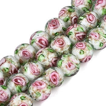 Luminous Handmade Lampwork & Glitter Powder Beads Strands, Round, with Inner Flower, Glow in the Dark, Floral White, 9.5~10mm, Hole: 1~1.6mm, about 40pcs/strand, 13.78~14.37 inch(35~36.5cm)