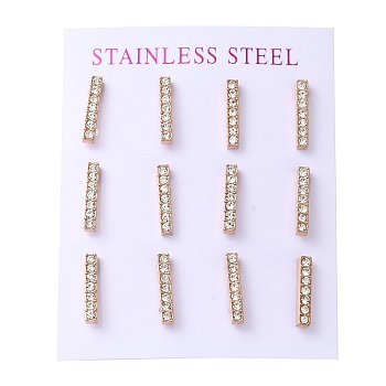 PVD Vacuum Plating 304 Stainless Steel Stud Earring, with Rhinestone, Rectangle, Rose Gold, 15x3mm, 12pcs/set