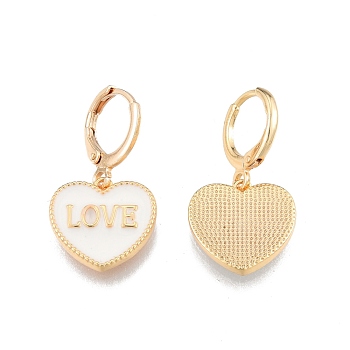 Heart with Word Love Enamel Dangle Leverback Earrings, Real 18K Gold Plated Brass Jewelry for Women, Cadmium Free & Nickel Free & Lead Free, White, 28mm, Pin: 1mm