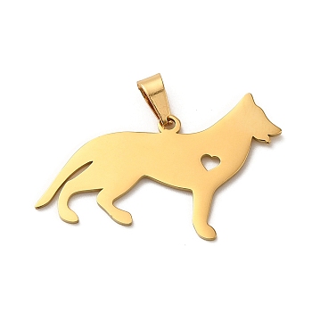 304 Stainless Steel Pendants, Laser Cut, Heart Wolf Charm, Real 18K Gold Plated, 20.5x30x1mm, Hole: 6x3mm