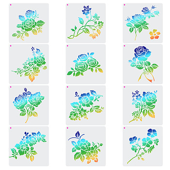 12Pcs 12 Styles PET Plastic Drawing Painting Stencils Templates, Rectangle, Rose Pattern, 197x197x0.2mm, Hole: 5mm, 1pc/style
