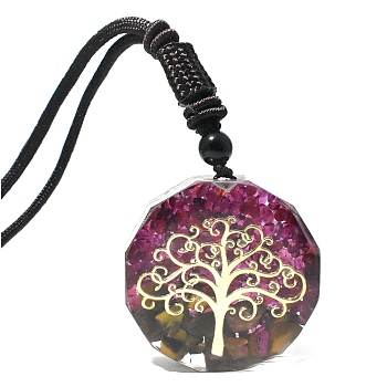 Resin with Natural Amethyst Pendant Neckclace, Chakra Necklace, Tree of Life, 19.69 inch(50cm), Pendant: 37mm
