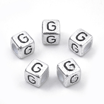 Plated Acrylic Beads, Horizontal Hole, Cube with Letter, Antique Silver, Letter.G, 6mm, Hole: 3mm