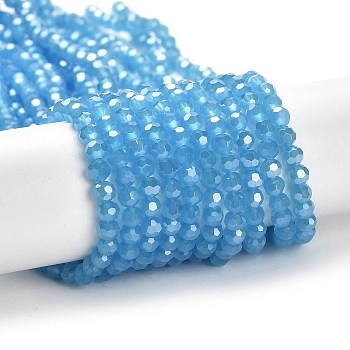 Electroplate Glass Beads Strands, Faceted(32 Facets), Pearl Luster Plated, Round, Dodger Blue, 4mm, Hole: 0.7mm, about 88~95pcs/strand, 12.99~14.06 inch(33~35.7cm)