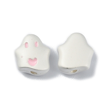 Alloy Enamel Beads, Matte Silver Color, Ghost, Pink, 10x9x4.5mm, Hole: 1.4mm