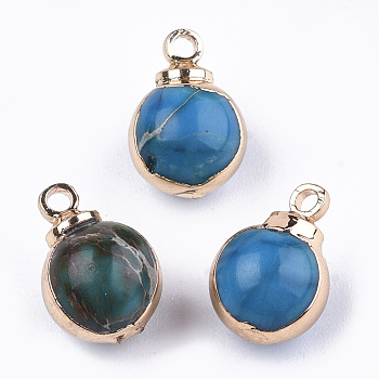 Natural Regalite/Imperial Jasper/Sea Sediment Jasper Charms, with Brass Findings, Round, Golden, Deep Sky Blue, 12x9x8.5mm, Hole: 1mm