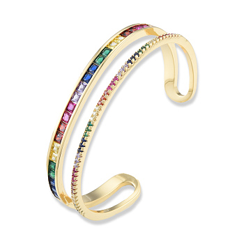 Colorful Cubic Zirconia Double Line Open Cuff Bangle, Brass Jewelry for Women, Nickel Free, Golden, Inner Diameter: 2-1/4 inch(5.65cm)