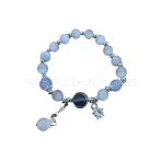 Star Alloy & Natural Aquamarine & Moonstone Round Beaded Charm Bracelets, Platinum, 7-1/8~8-5/8 inch(18~22cm)(WG18D49-01)