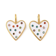 304 Stainless Steel Enamel Pendants, with Colorful Rhinestone, Heart Charms, Real 18K Gold Plated, PVD Vacuum Plating, White, 20.5x15x2.5mm, Hole: 4.5x3mm(STAS-P380-62G)