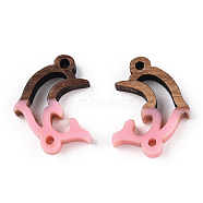 Opaque Resin & Walnut Wood Connector Charms, Dolphin Links, Pink, 14x18.5x3mm, Hole: 1.5mm(RESI-N039-46F)