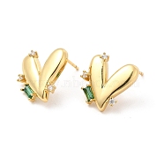 Green Cubic Zirconia Heart Stud Earrings, Brass Jewelry for Women, Cadmium Free & Lead Free, Real 18K Gold Plated, 15.5x15.5mm, Pin: 0.9mm(EJEW-P213-13G)