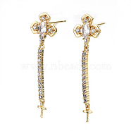 Brass Micro Pave Clear Cubic Zirconia Earring Findings, for Half Drilled Beads, Real 18K Gold Plated, 38.5x10.5mm, Pin: 0.7mm, Pin: 0.7mm(for half drilled beads)(KK-S356-306-NF)