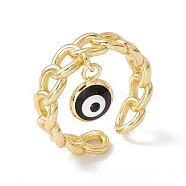 Enamel Evil Eye Charm Open Cuff Ring with Enamel, Real 18K Gold Plated Brass Jewelry for Women, Lead Free & Cadmium Free, Black, US Size 7 1/4(17.5mm)(RJEW-I086-06G-02)