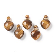 Natural Tiger Eye Pendants, Openable Perfume Bottle, with Golden Tone Brass Findings, Heart Shape, 33~35x22~23x12~13mm, Hole: 3.5mm, capacity: 1ml(0.03 fl. oz)(G-H252-C05)
