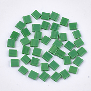 2-Hole Opaque Glass Seed Beads, Rectangle, Green, 5x4.5~5.5x2~2.5mm, Hole: 0.5~0.8mm(SEED-S023-21C-04)