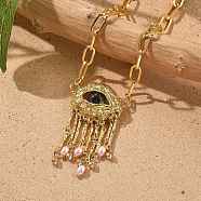 Alloy Rhinestone Evil Eye Pendant Necklaces, with Plastic Imitation Pearl Tassel, Golden, 15.94 inch(40.5cm)(NJEW-A037-01G)