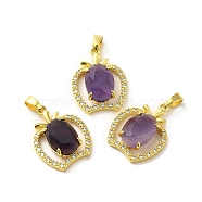Natural Amethyst Faceted Pendants, Apple Charms with Crystal Rhinestone, Long-Lasting Plated, Teachers' Day Gift, Golden, 24.5x19x7mm, Hole: 6.5x3.5mm(KK-K362-06G)
