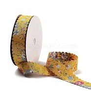 20 Yards Flower Printed Polyester Ribbon, Double Wavy Edged Ribbon for Gift Wrapping, Gold, 1 inch(25mm), about 20.00 Yards(18.29m)/Roll(OCOR-Z005-03A)