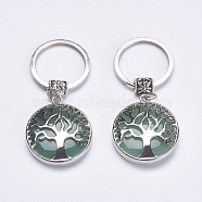 Natural Green Aventurine Keychain, with Brass Finding, Flat Round with Tree of Life, 64mm(KEYC-G043-C02)