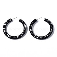 Spray Painted CCB Plastic Stud Earrings, Half Hoop Earrings, with 925 Sterling Silver Pins, Ring, Silver, Black, 46x5.5mm, Pin: 0.7mm(X-EJEW-Q020-002B)