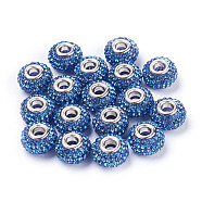 Grade A Rhinestone European Beads, Large Hole Beads, Resin, with Silver Color Plated Brass Core, Rondelle, Sapphire, 15x10mm, Hole: 5mm(CPDL-H001-1)