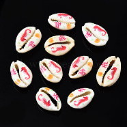 Printed Natural Cowrie Shell Beads, No Hole, Sea Horse Pattern, Crimson, 18~23x13~16x7~8mm(SSHEL-N032-33)