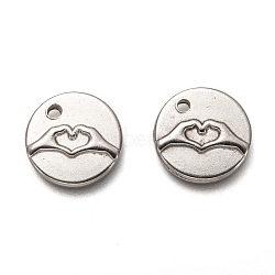 Non-Tarnish 304 Stainless Steel ASL Charms, Flat Round with Finger Heart, Stainless Steel Color, 15x2mm, Hole: 1.8mm(X-STAS-L260-006P)