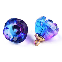 Transparent Spray Painted Glass Charms, with Light Gold Plated Brass Findings, Two Tone, Flower, Blue Violet, 14x13x13mm, Hole: 2mm(GLAA-N035-031-G01)