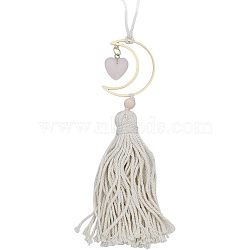 Natural Rose Quartz Heart Pendant Decoration, Tassel Car Hanging Ornament, with Alloy Moon, 180mm(HJEW-WH0043-20B)