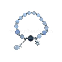 Star Alloy & Natural Aquamarine & Moonstone Round Beaded Charm Bracelets, Platinum, 7-1/8~8-5/8 inch(18~22cm)(WG18D49-01)
