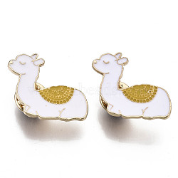 Alloy Brooches, Enamel Pin, with Brass Butterfly Clutches, Llama/Alpaca, Light Gold, White, 22.5x27x2mm, Pin: 1mm(JEWB-S011-050)