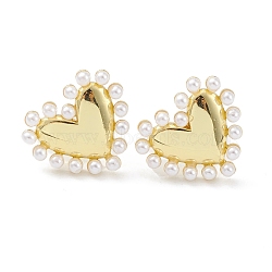 Heart Rack Plating Brass Stud Earrings for Women, with Plastic Pearl Bead, Long-Lasting Plated, Lead Free & Cadmium Free, Real 18K Gold Plated, 14x15x2.5mm, Pin: 0.8mm(EJEW-K245-13G)