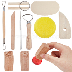 AHADERMAKER 1 Set Clay Craft Tool Kits, including Sculpture Tool, Wire Cutter, Scraper, Hole Punch Awl, Dust Cleaning Sponge, with 2Pcs Wooden Stamps, Mixed Color, 50~465mm(DIY-GA0006-68)