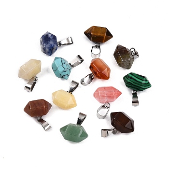 Natural & Synthetic Mixed Stone Faceted Bullet Shaped Charms, Double Terminal Pointed Charms, Mixed Dyed & Undyed, with 201 Stainless Steel Snap on Bails, Stainless Steel Color, 12~13x14.5~17x10mm, Hole: 7x4mm