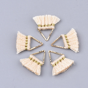 Polycotton(Polyester Cotton) Tassel Charms Decorations, Mini Tassel, with Brass Findings, Triangle, Golden, PeachPuff, 14~15x12~15x2mm, Hole: 7x6mm