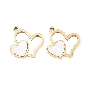 304 Stainless Steel & Acrylic Pendants, Double Heart Charms, Golden, White, 15.5x17x1.5mm, Hole: 1.6mm