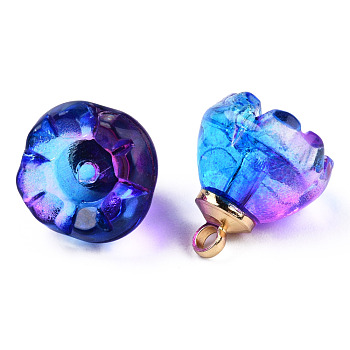 Transparent Spray Painted Glass Charms, with Light Gold Plated Brass Findings, Two Tone, Flower, Blue Violet, 14x13x13mm, Hole: 2mm