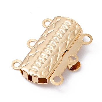 304 Stainless Steel Box Clasps, Multi-Strand Clasps, 3-Strands, 6-Holes, Rectangle with Flower, Real 24K Gold Plated, 19.8x15x3mm, Hole: 1.6mm
