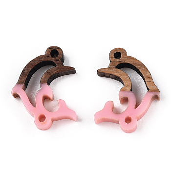 Opaque Resin & Walnut Wood Connector Charms, Dolphin Links, Pink, 14x18.5x3mm, Hole: 1.5mm