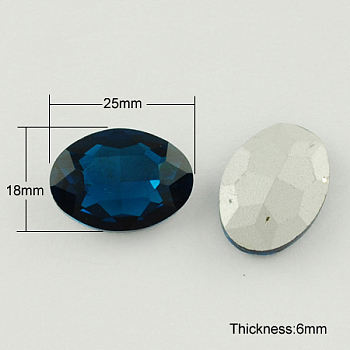 Glass Pointed Back Rhinestone, Back Plated, Faceted, Oval, Prussian Blue, 18x25x6mm