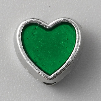 Alloy Enamel Beads, Platinum, Heart, Green, 8x8.5x4mm, Hole: 1.6mm