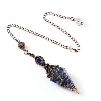 Natural Lapis Lazuli & Resin Hexagonal Pointed Dowsing Pendulums, Cone, Red Copper, 250mm