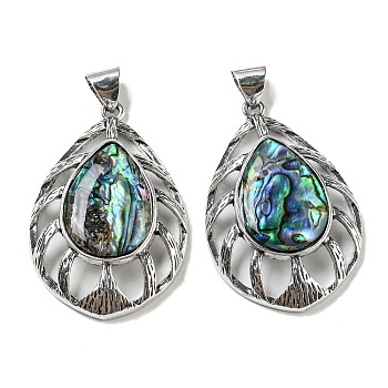 Natural Paua Shell/Abalone Shell Pendants, Antique Silver Plated Alloy Teardrop Charms, Colorful, 49.5x33x9mm, Hole: 7.5x6.5mm