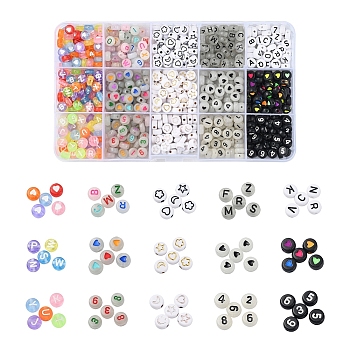 DIY Jewelry Making Kits, Including 750Pcs 15 Style Flat Round Transparent & Opaque & Luminous Acrylic Beads, Mixed Color, 7x3.5~4mm, Hole: 1~1.8mm, 50pcs/style
